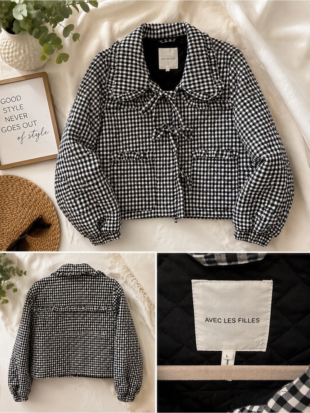 Avec Les Filles Black & White Gingham Cropped Jacket size L